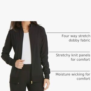 Women's Black Cherokee Infiniti Scrub Jacket and 5 Pocket Pant.